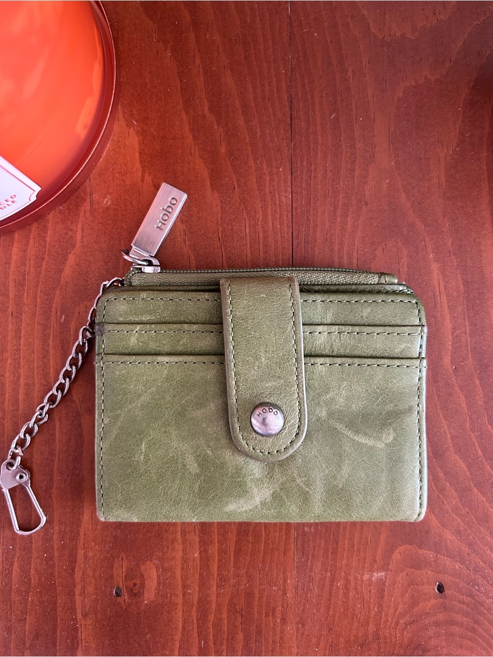 HOBO Olive Green Leather Card Wallet with Chain Key Clip